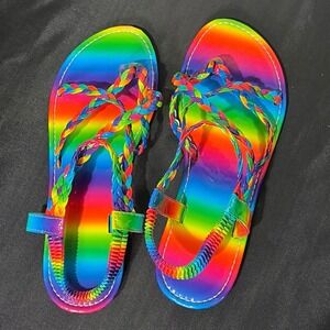 Rainbow Braided Strappy Sandals Flat Slingback Thong Pride Shoes Womens 39